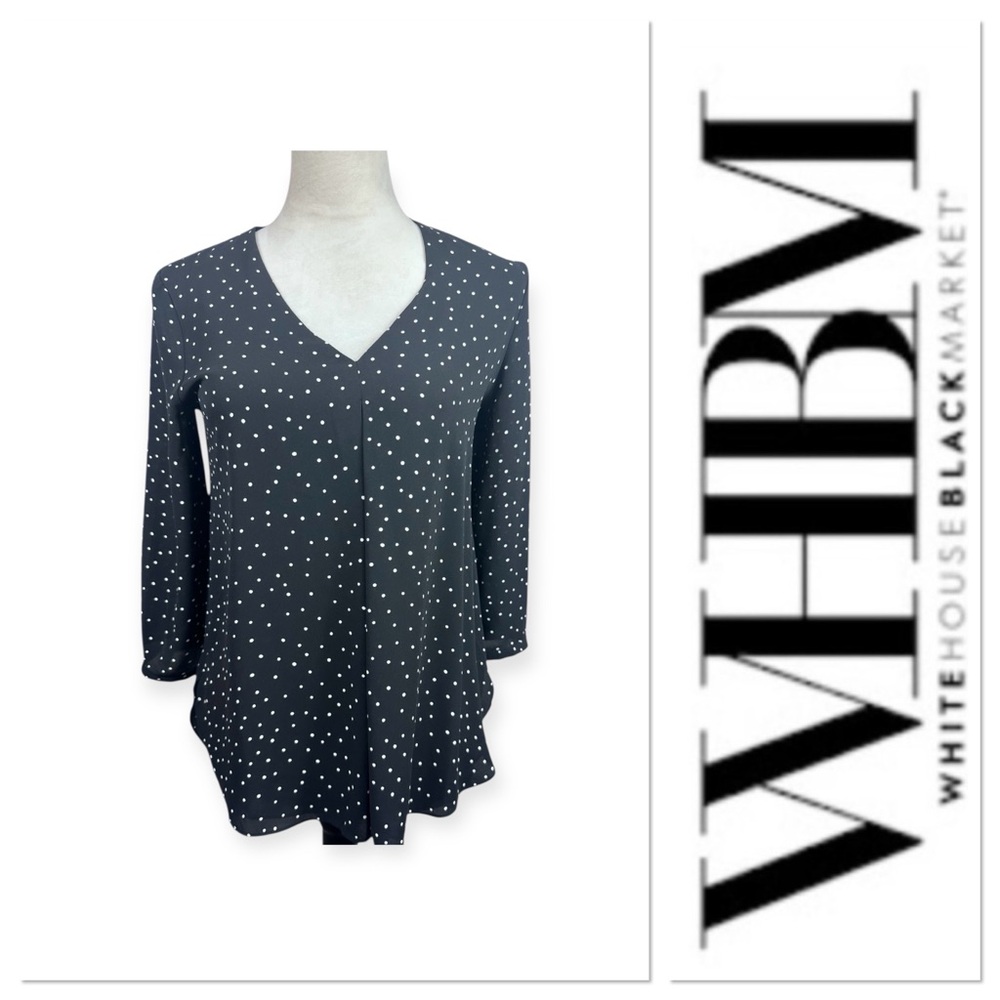 White House Black Market black v neck top with polka dots size 0